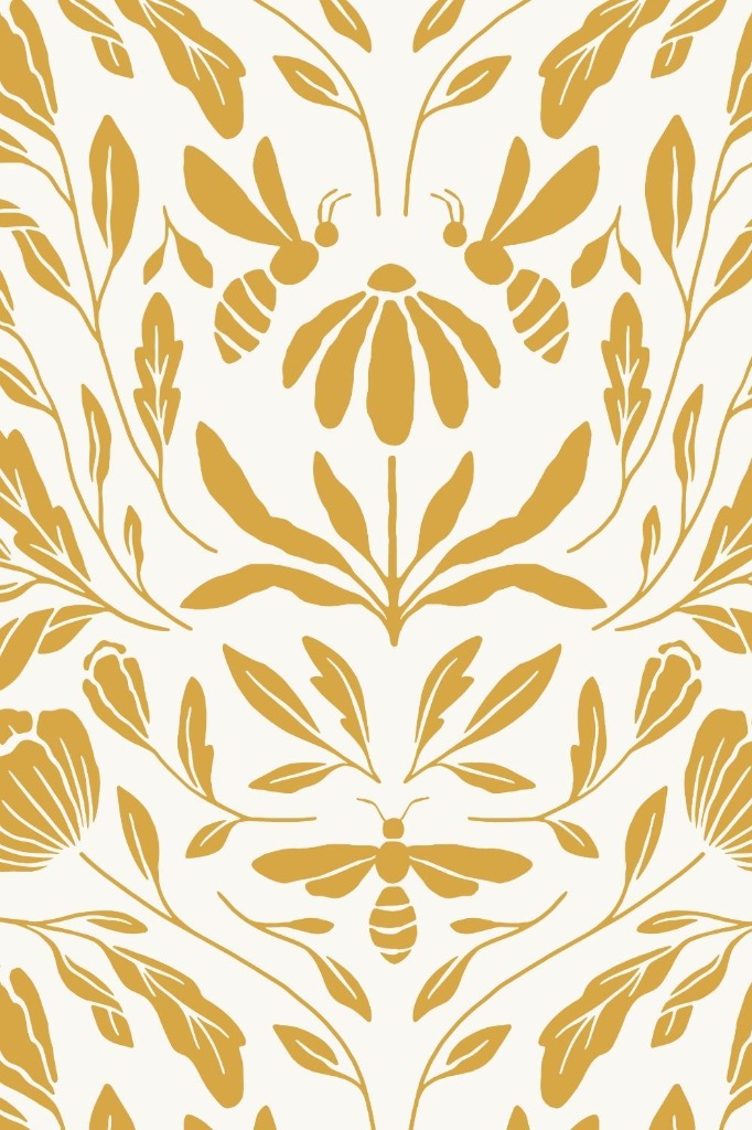 Gold floral bee pattern illustration